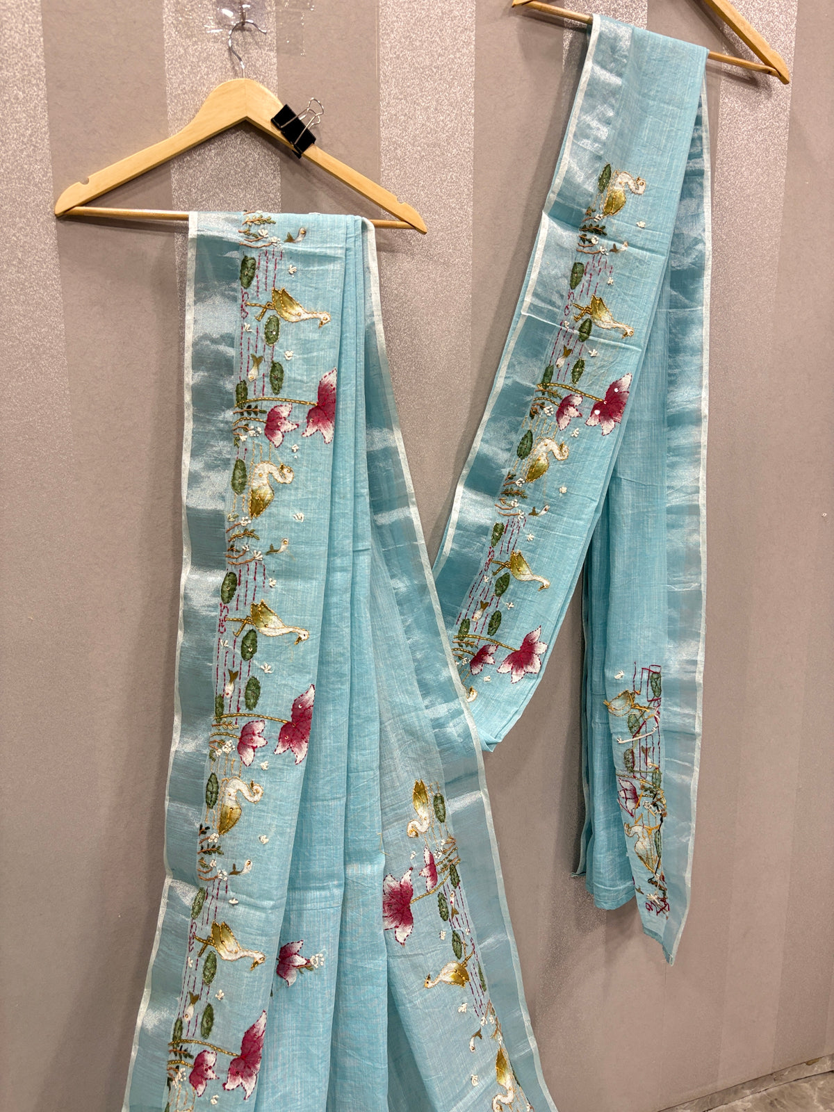 Swan handpainted and hardwork linen saree|sky blue