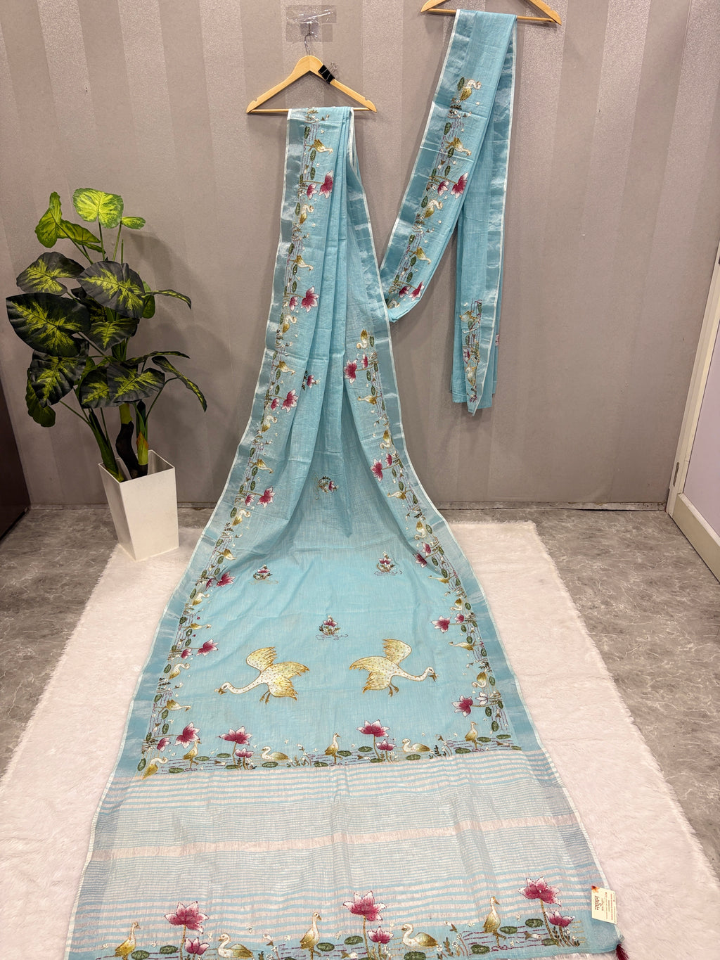 Swan handpainted and hardwork linen saree|sky blue