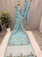 Swan handpainted and hardwork linen saree|sky blue