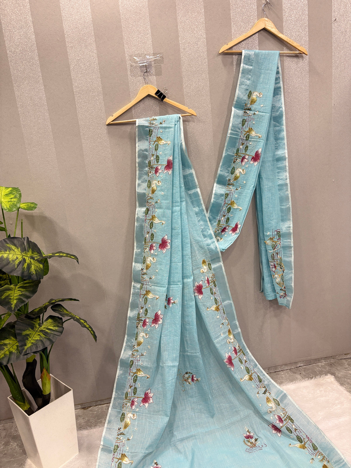 Swan handpainted and hardwork linen saree|sky blue