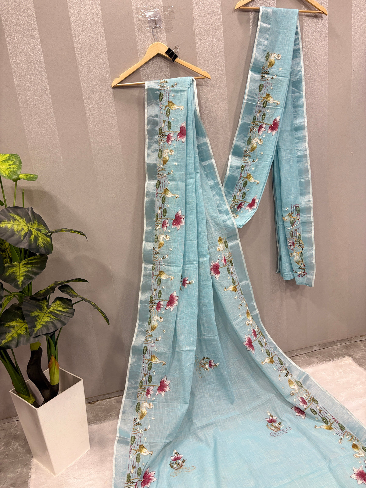 Swan handpainted and hardwork linen saree|sky blue