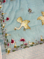 Swan handpainted and hardwork linen saree|sky blue
