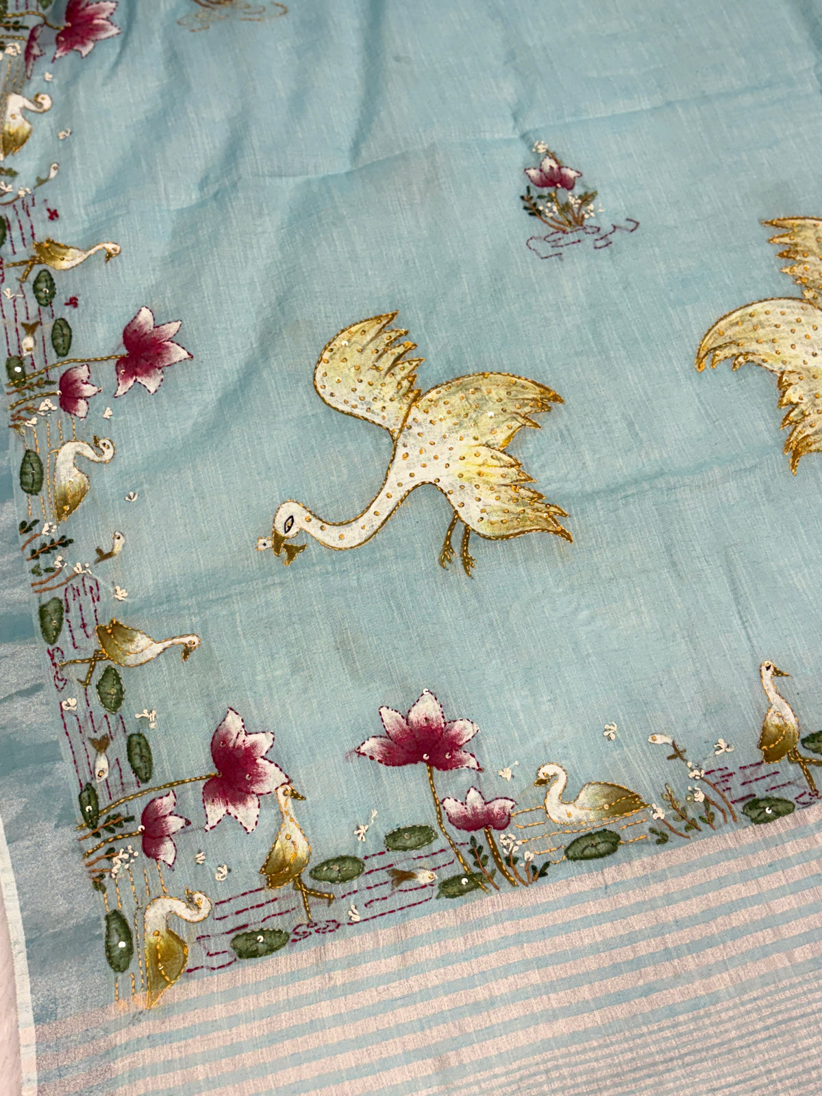 Swan handpainted and hardwork linen saree|sky blue