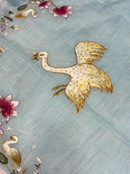 Swan handpainted and hardwork linen saree|sky blue
