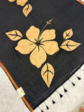 Handpainted big hibiscus mulcotton saree|Black|HPMC004