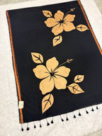 Handpainted big hibiscus mulcotton saree|Black|HPMC004