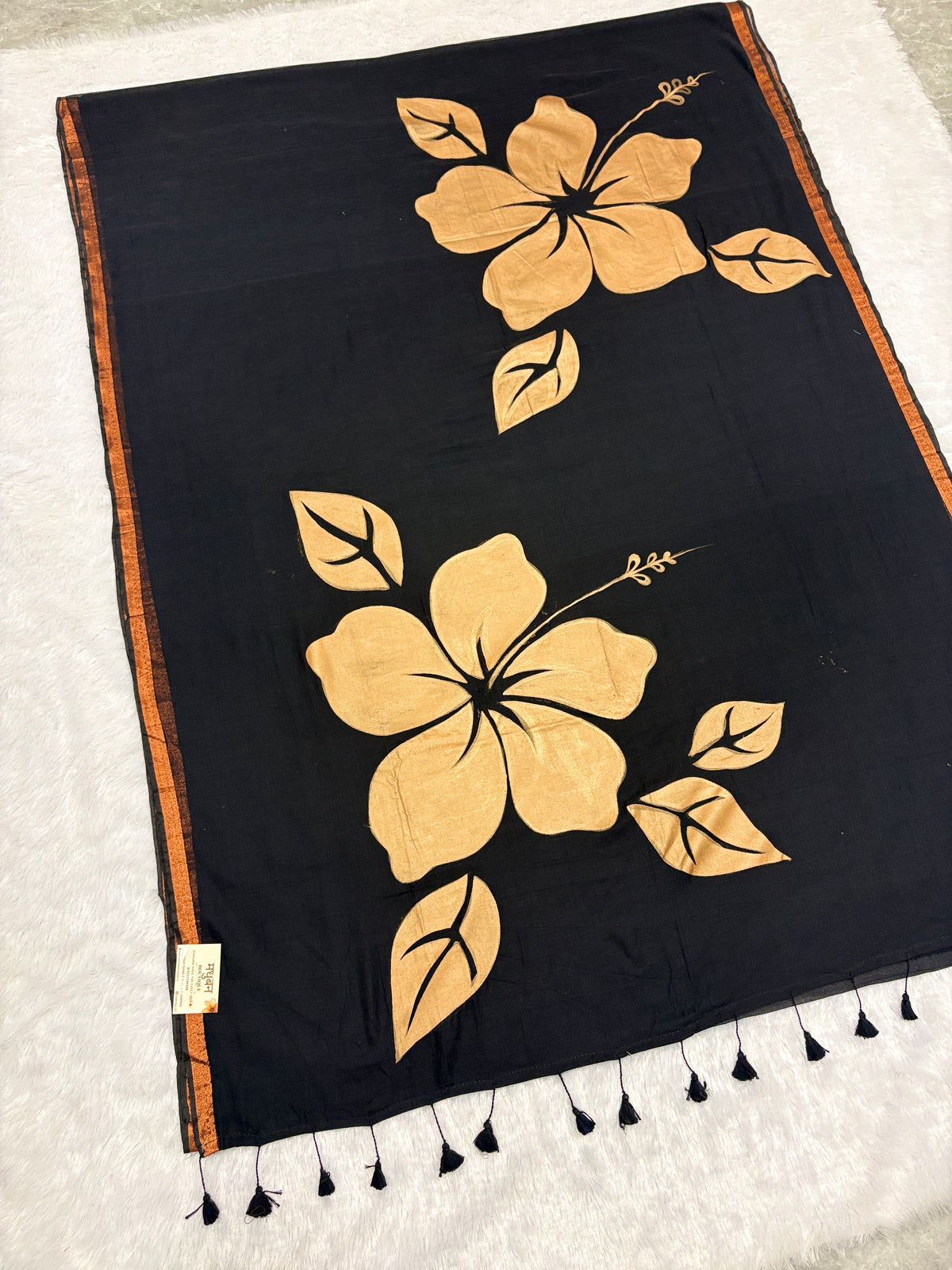 Handpainted big hibiscus mulcotton saree|Black|HPMC004