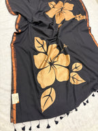 Handpainted big hibiscus mulcotton saree|Black|HPMC004
