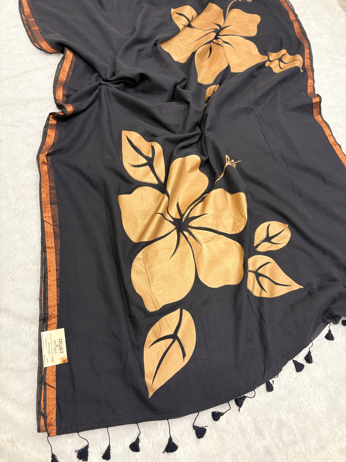 Handpainted big hibiscus mulcotton saree|Black|HPMC004