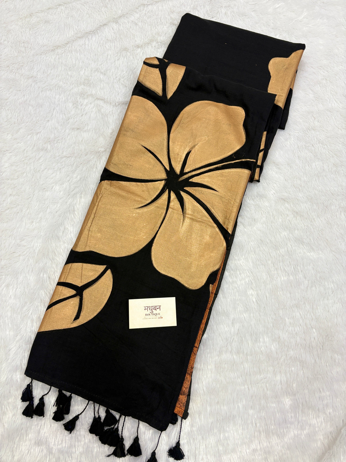 Handpainted big hibiscus mulcotton saree|Black|HPMC004