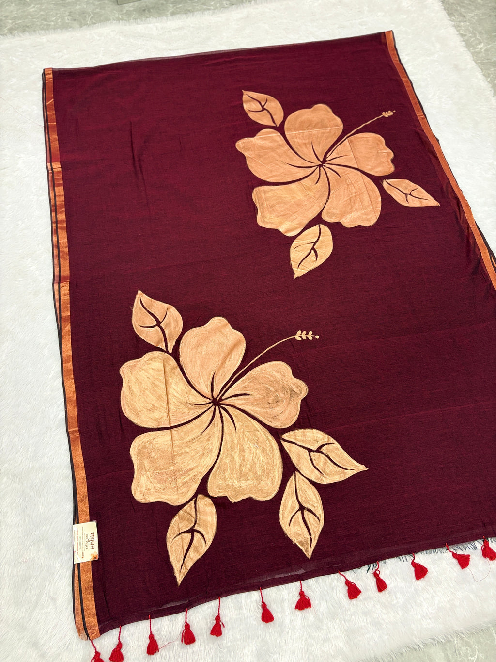 Handpainted big hibiscus mulcotton saree|Maroon|HPMC003