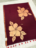 Handpainted big hibiscus mulcotton saree|Maroon|HPMC003