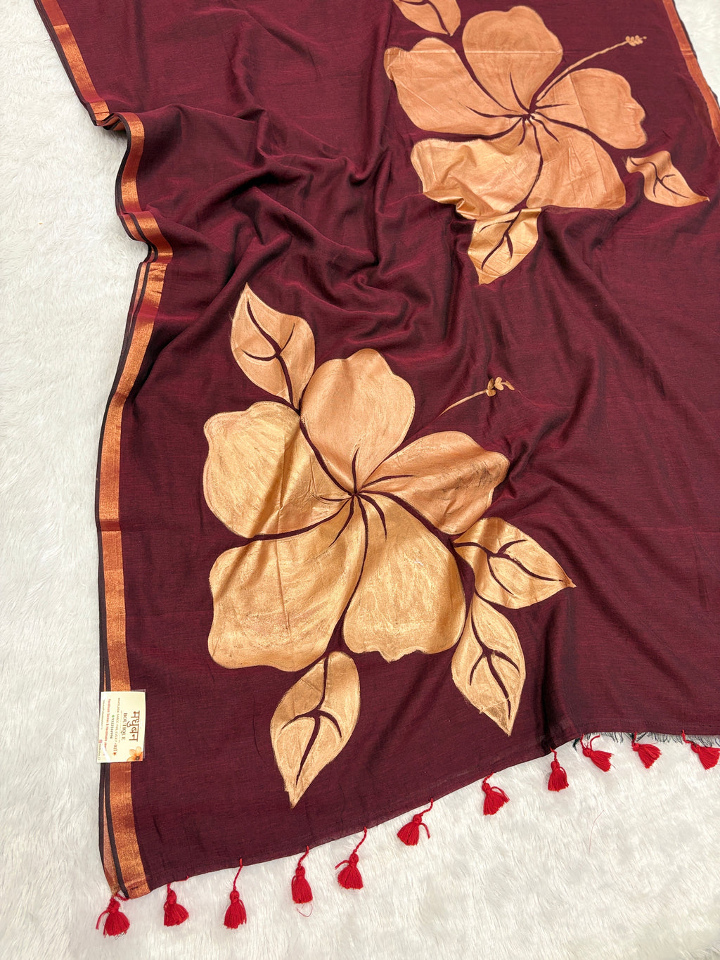 Handpainted big hibiscus mulcotton saree|Maroon|HPMC003
