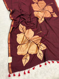 Handpainted big hibiscus mulcotton saree|Maroon|HPMC003