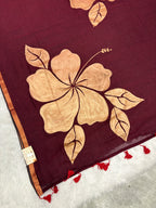 Handpainted big hibiscus mulcotton saree|Maroon|HPMC003