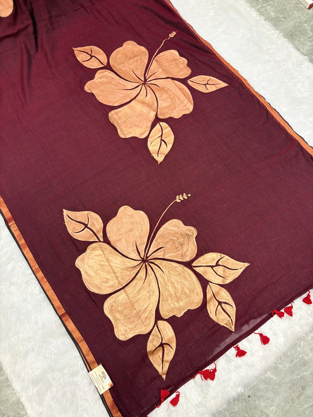 Handpainted big hibiscus mulcotton saree|Maroon|HPMC003
