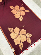 Handpainted big hibiscus mulcotton saree|Maroon|HPMC003