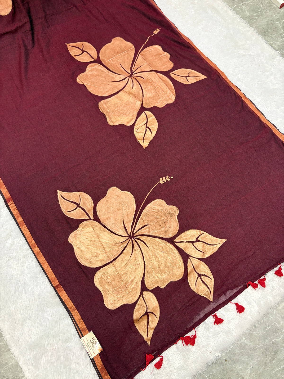 Handpainted big hibiscus mulcotton saree|Maroon|HPMC003