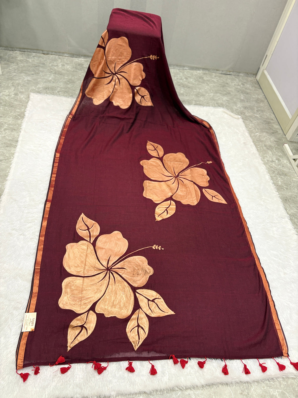 Handpainted big hibiscus mulcotton saree|Maroon|HPMC003