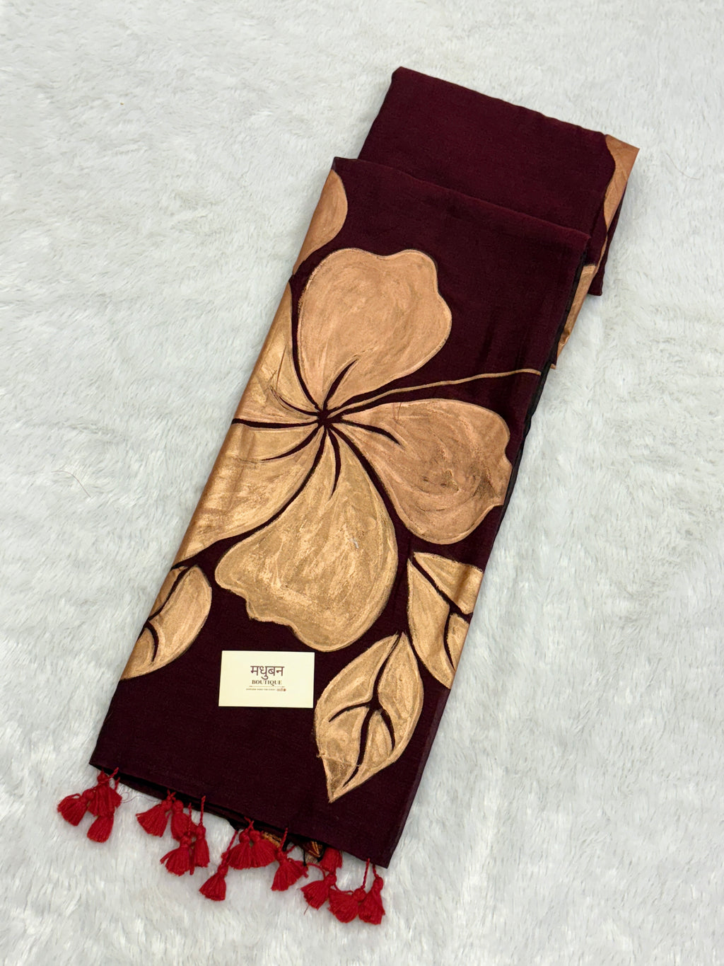 Handpainted big hibiscus mulcotton saree|Maroon|HPMC003