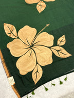 Handpainted big hibiscus mulcotton saree|Bottle green|HPMC002