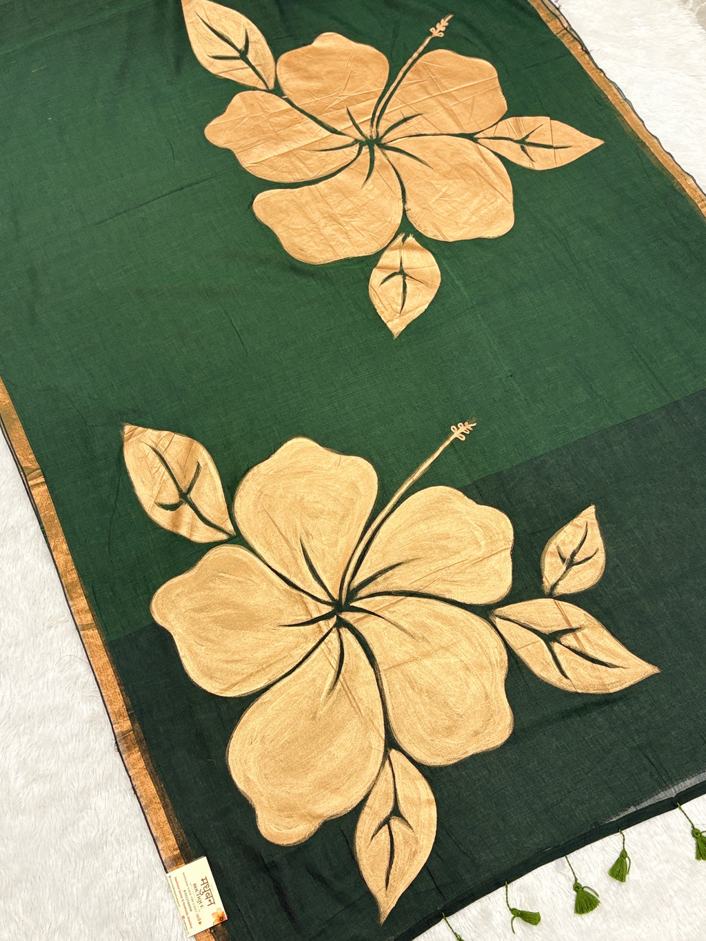 Handpainted big hibiscus mulcotton saree|Bottle green|HPMC002