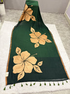 Handpainted big hibiscus mulcotton saree|Bottle green|HPMC002