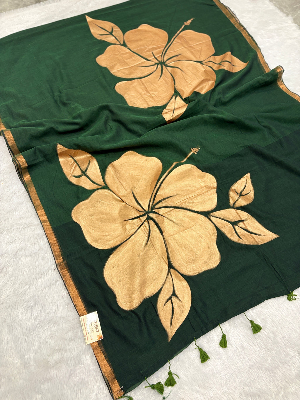 Handpainted big hibiscus mulcotton saree|Bottle green|HPMC002