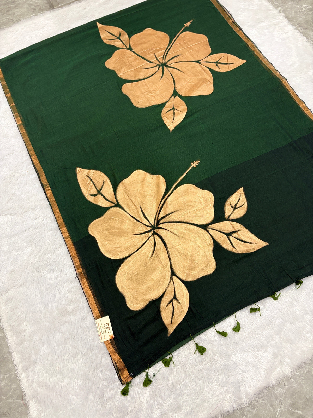 Handpainted big hibiscus mulcotton saree|Bottle green|HPMC002