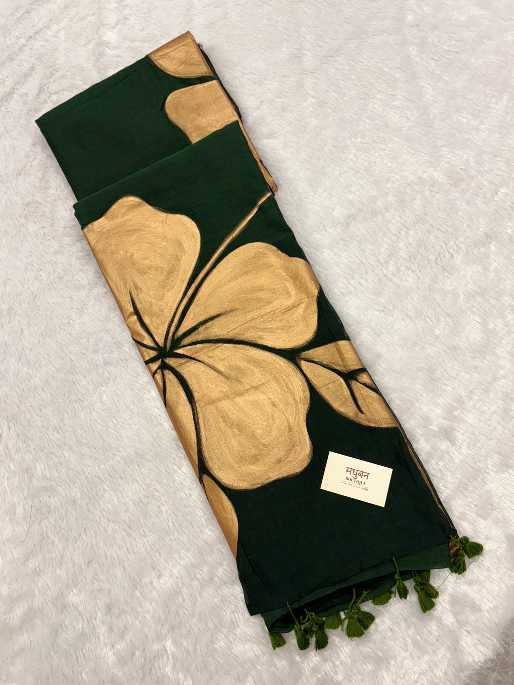 Handpainted big hibiscus mulcotton saree|Bottle green|HPMC002