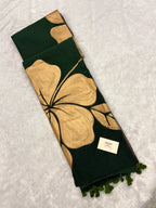Handpainted big hibiscus mulcotton saree|Bottle green|HPMC002