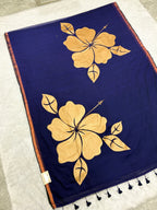 Handpainted big hibiscus mulcotton saree|Nevy blue|HPMC001