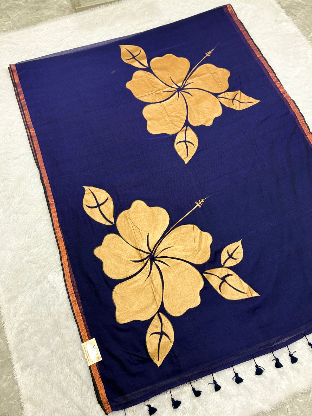 Handpainted big hibiscus mulcotton saree|Nevy blue|HPMC001