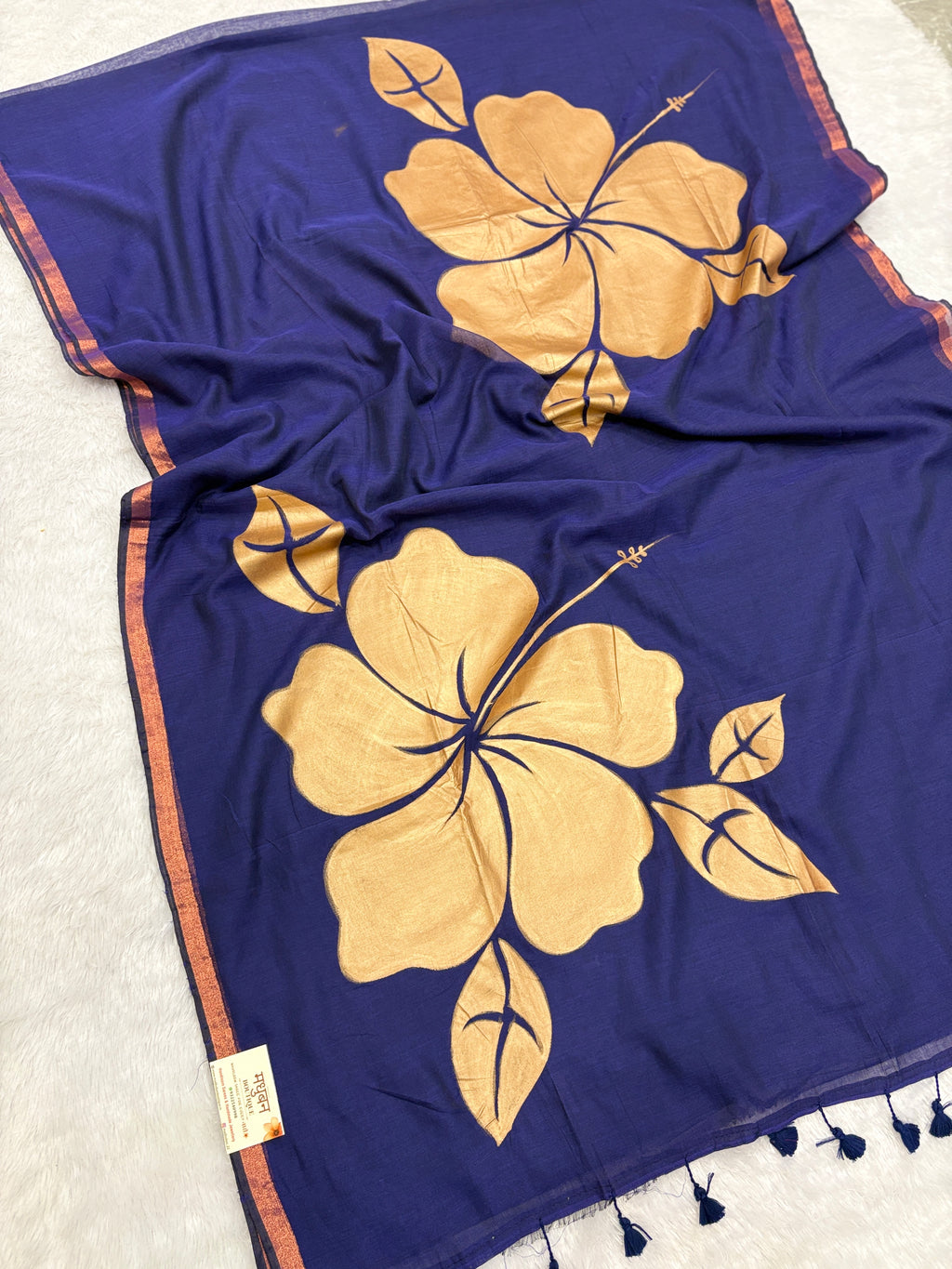 Handpainted big hibiscus mulcotton saree|Nevy blue|HPMC001