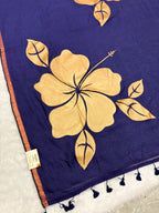 Handpainted big hibiscus mulcotton saree|Nevy blue|HPMC001