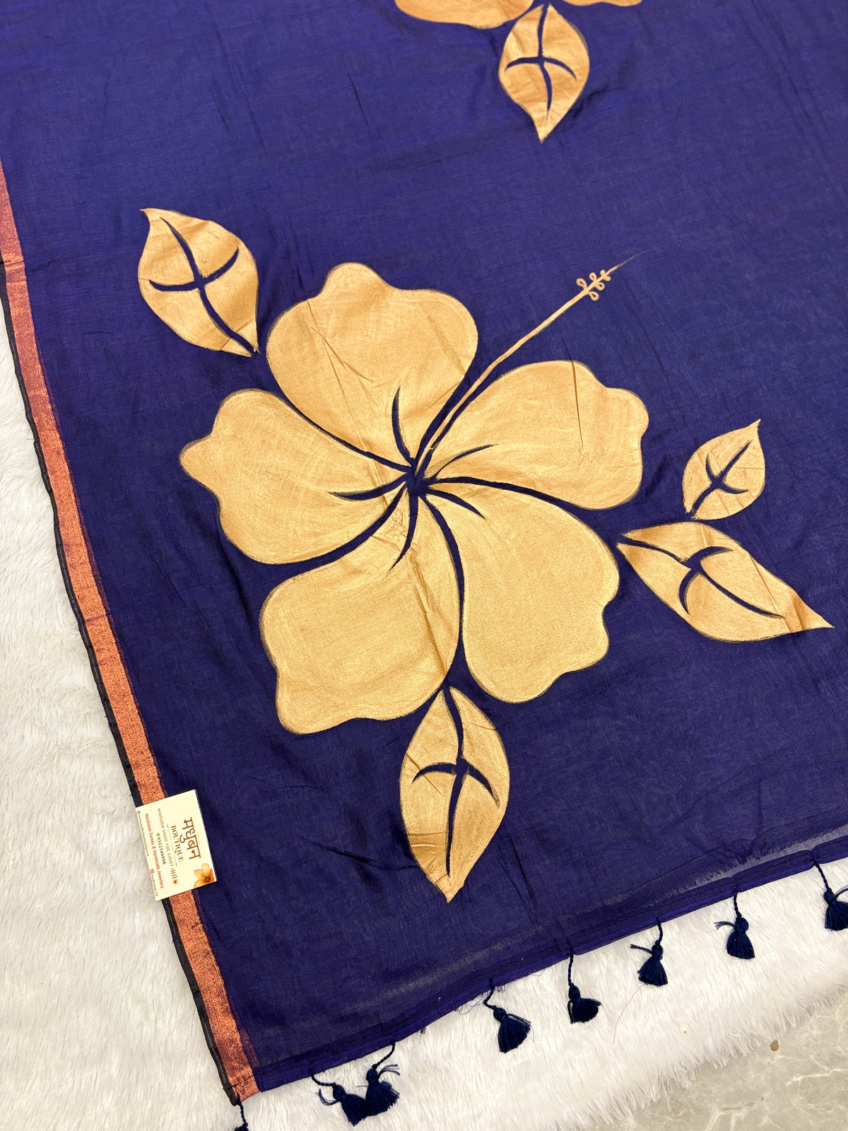 Handpainted big hibiscus mulcotton saree|Nevy blue|HPMC001