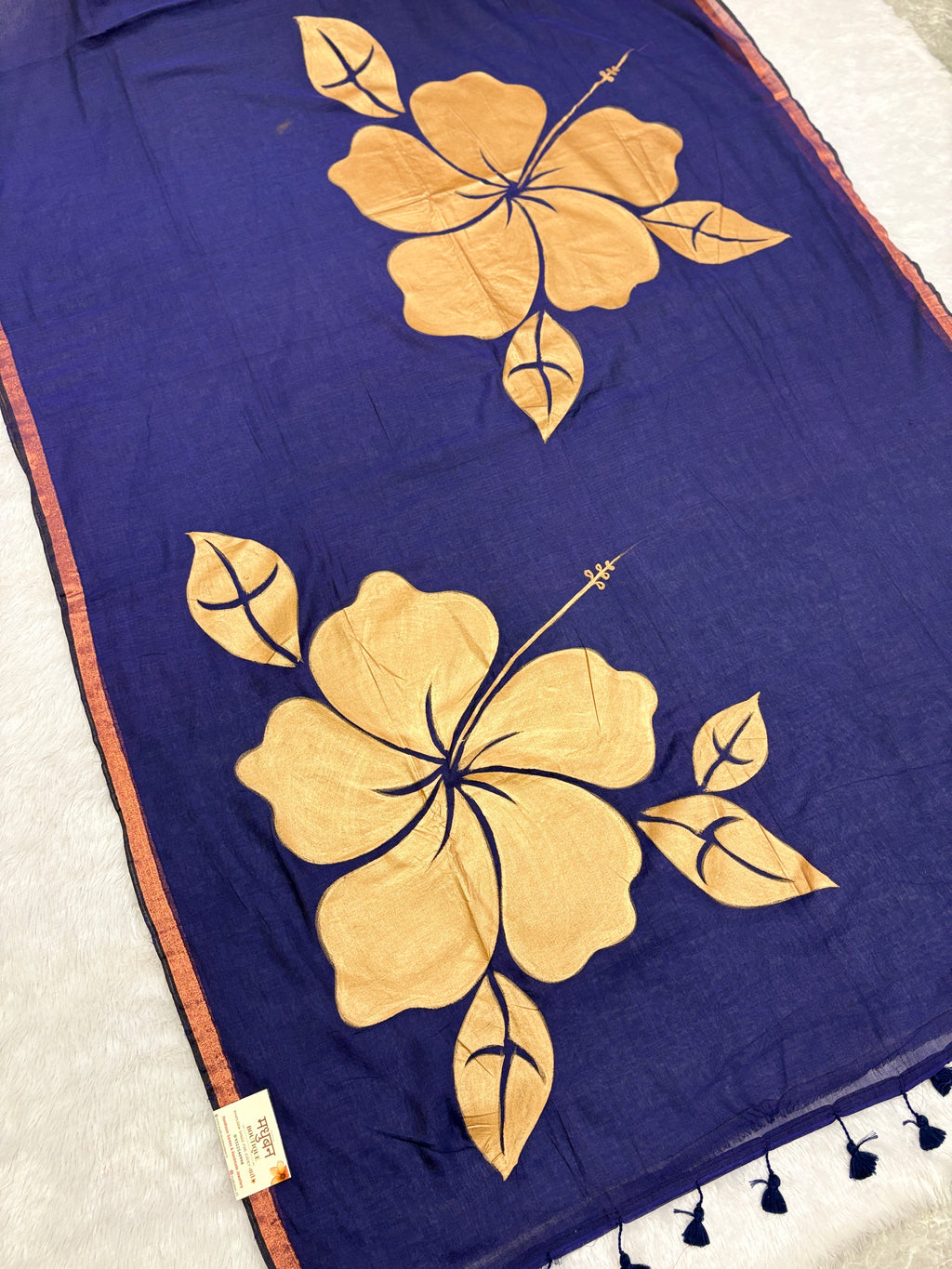 Handpainted big hibiscus mulcotton saree|Nevy blue|HPMC001