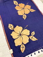 Handpainted big hibiscus mulcotton saree|Nevy blue|HPMC001