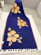 Handpainted big hibiscus mulcotton saree|Nevy blue|HPMC001