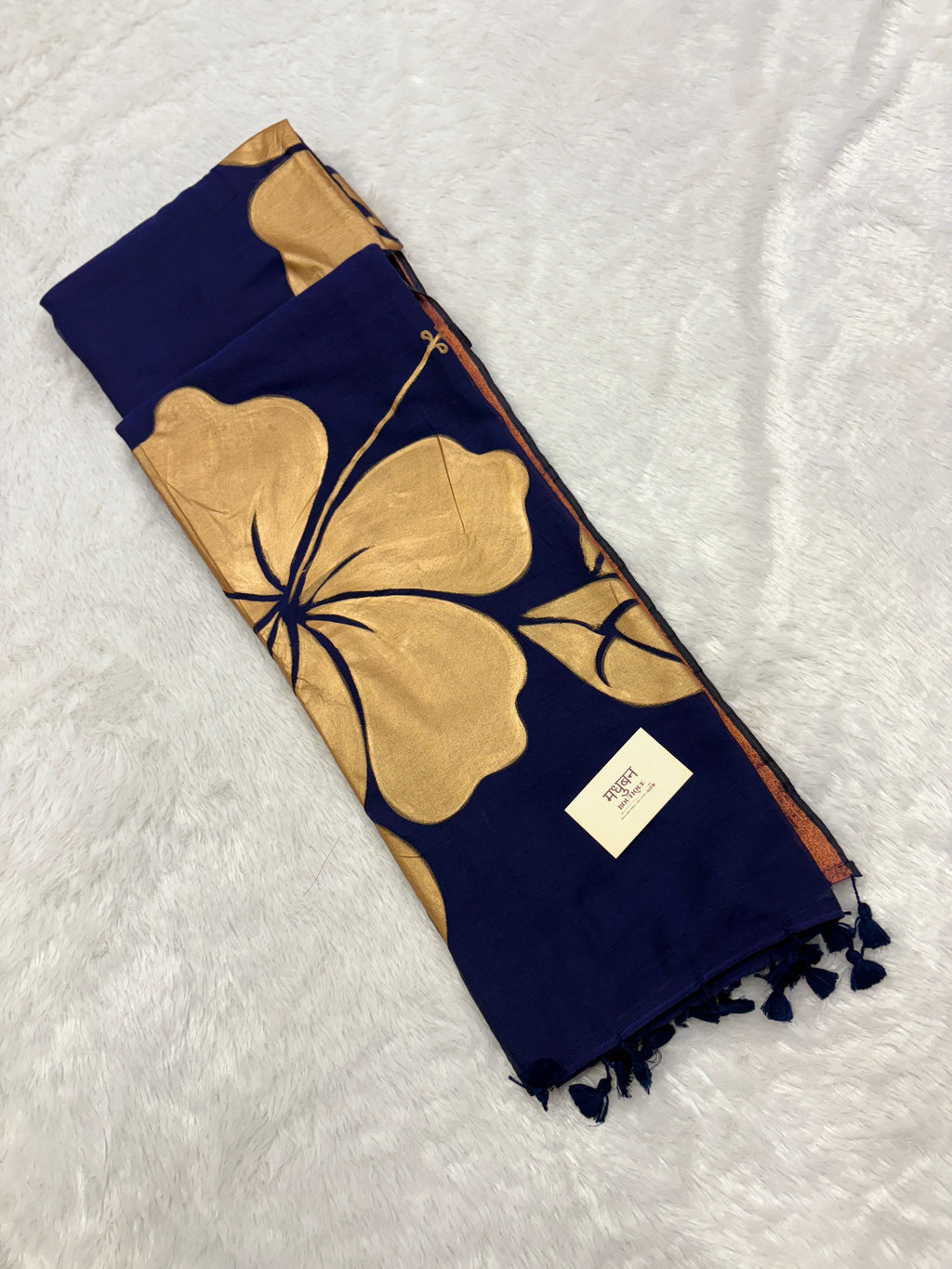Handpainted big hibiscus mulcotton saree|Nevy blue|HPMC001