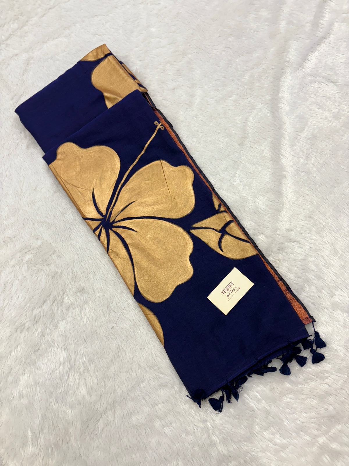 Handpainted big hibiscus mulcotton saree|Nevy blue|HPMC001