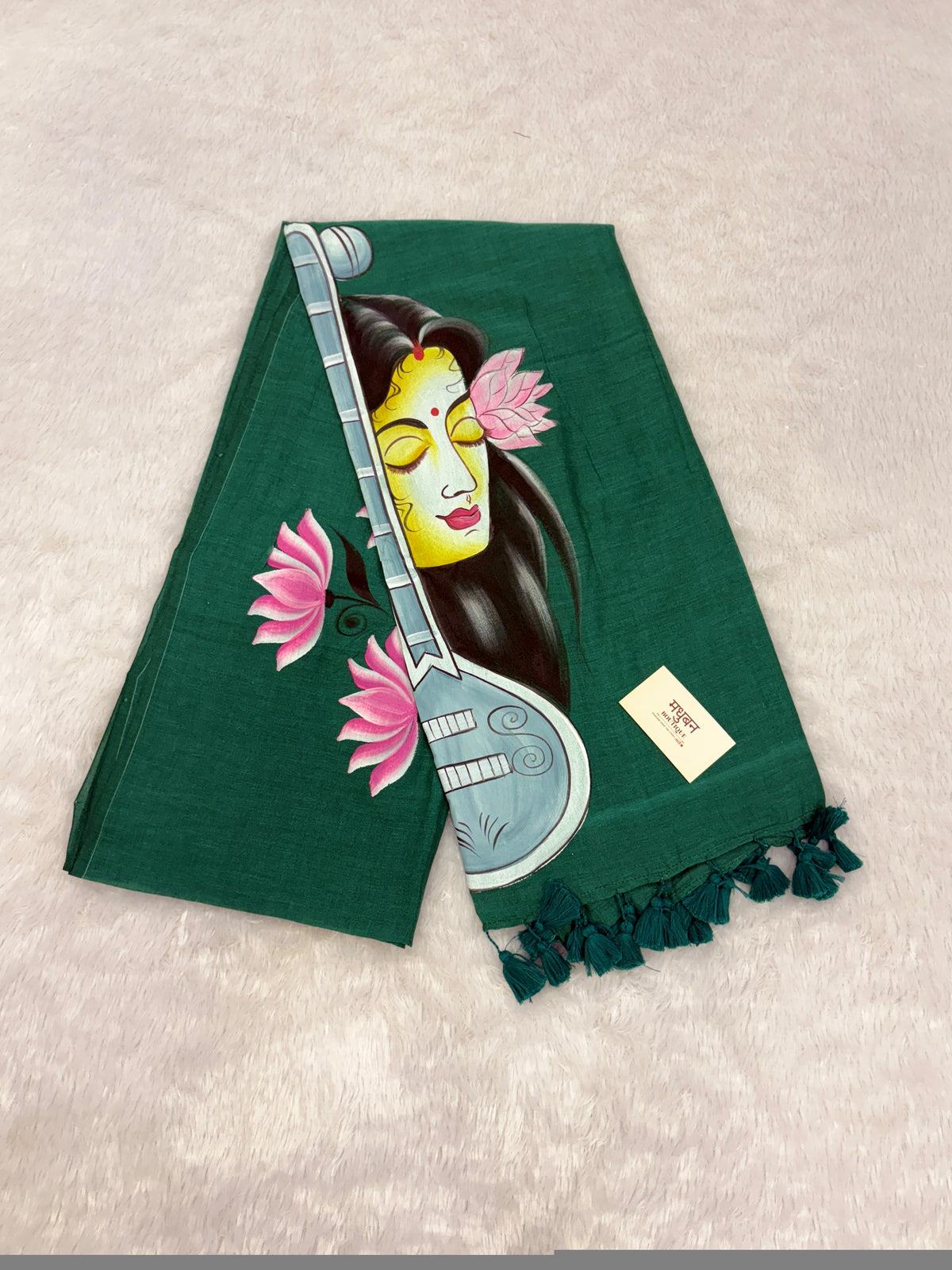 Handpainted MEERA face painting saree|Green|HPMEERA04