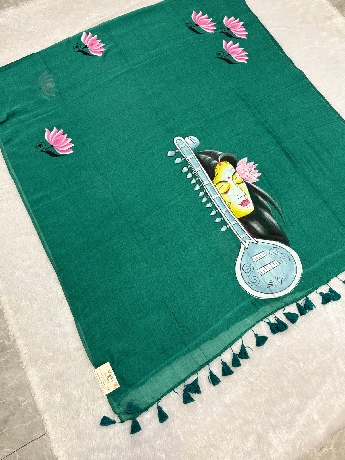 Handpainted MEERA face painting saree|Green|HPMEERA04