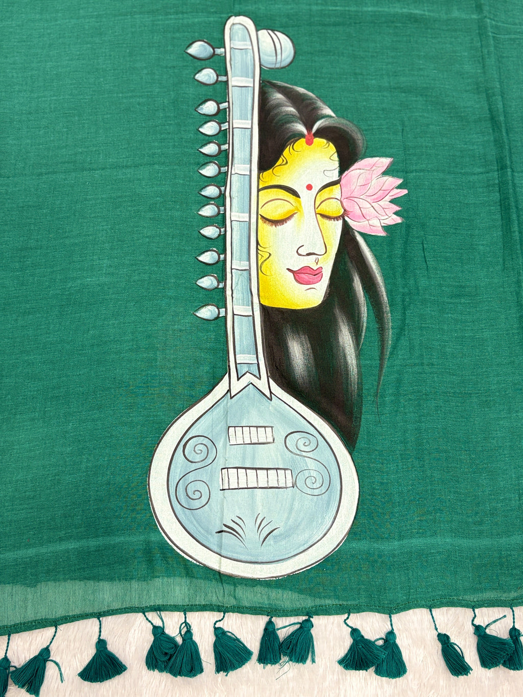 Handpainted MEERA face painting saree|Green|HPMEERA04