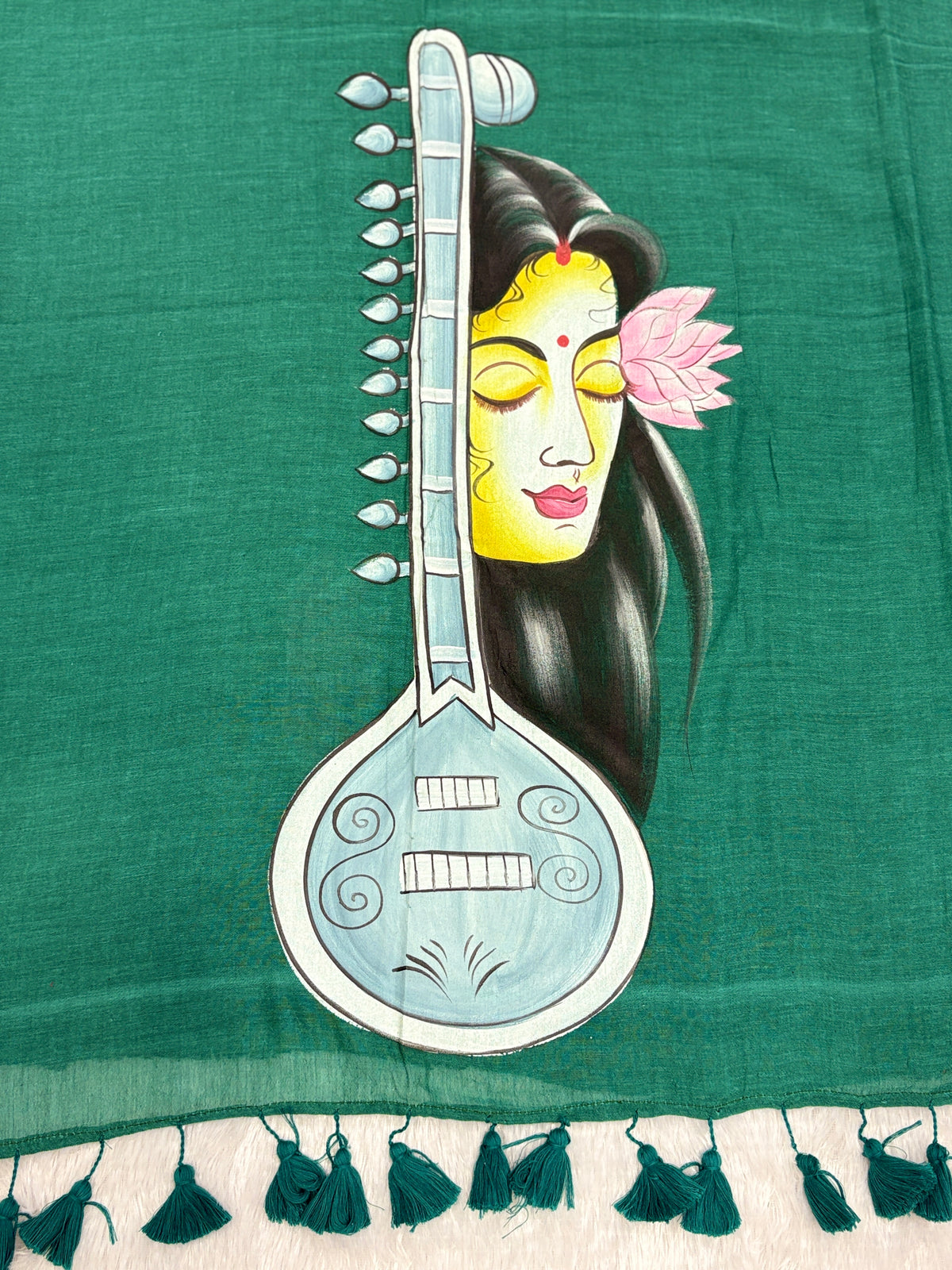 Handpainted MEERA face painting saree|Green|HPMEERA04