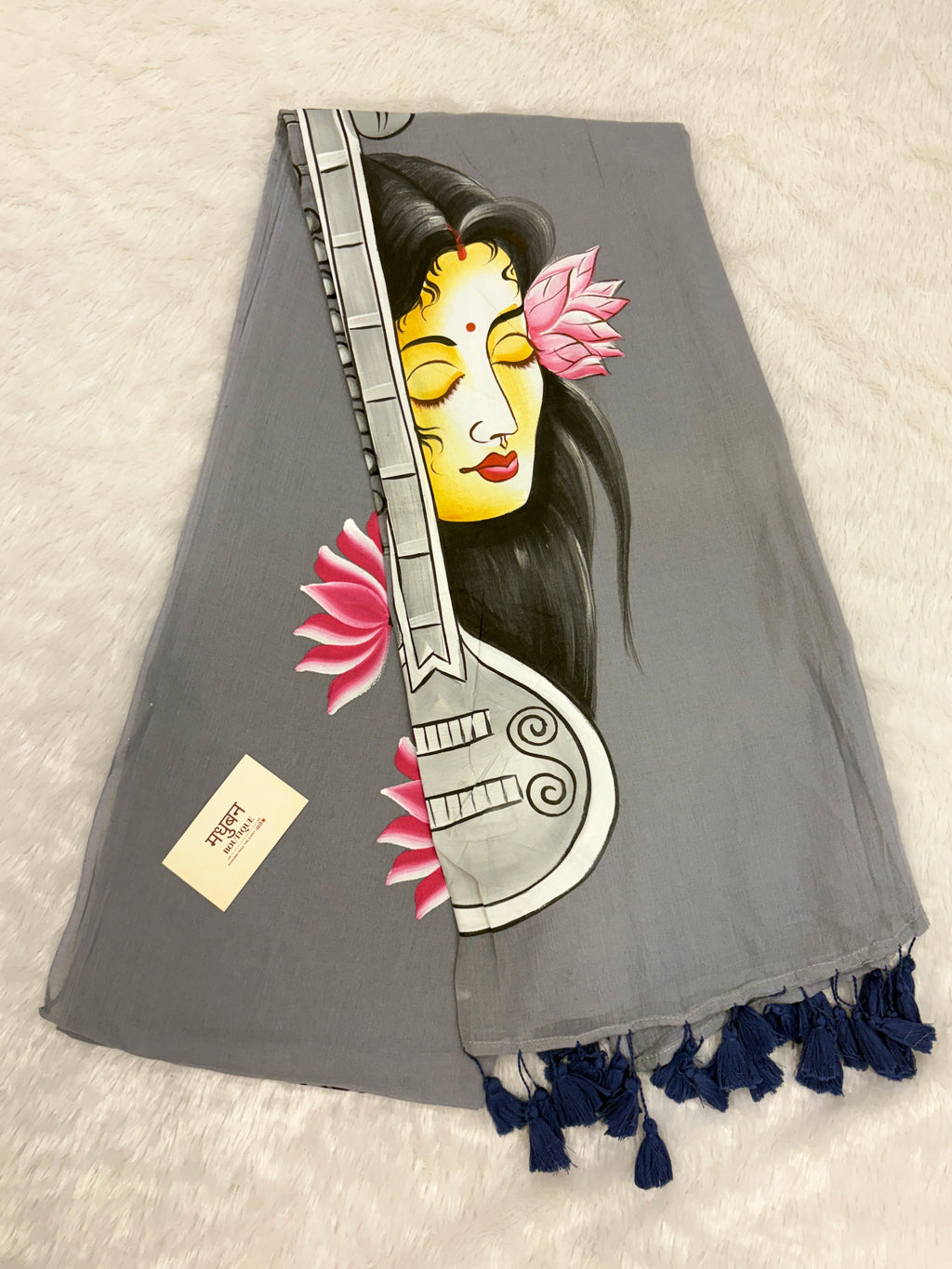 Handpainted MEERA face painting saree|Grey|HPMEERA06