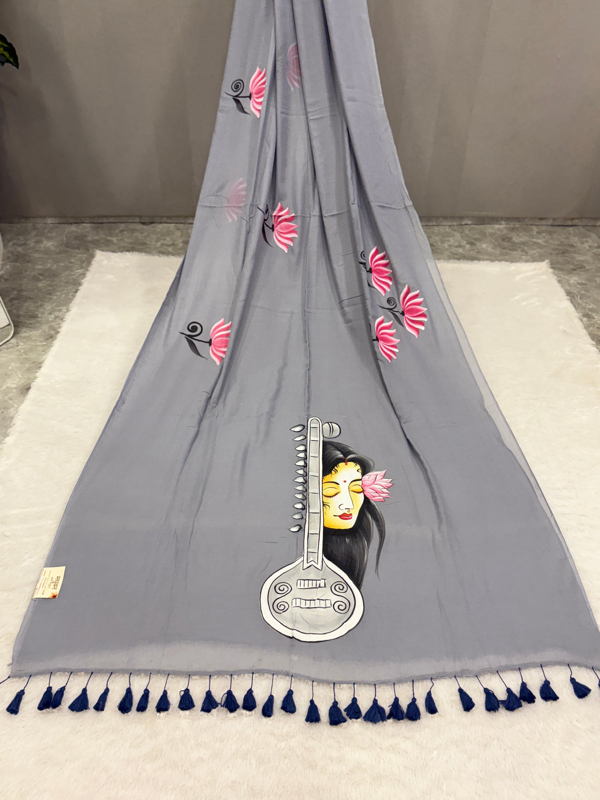 Handpainted MEERA face painting saree|Grey|HPMEERA06