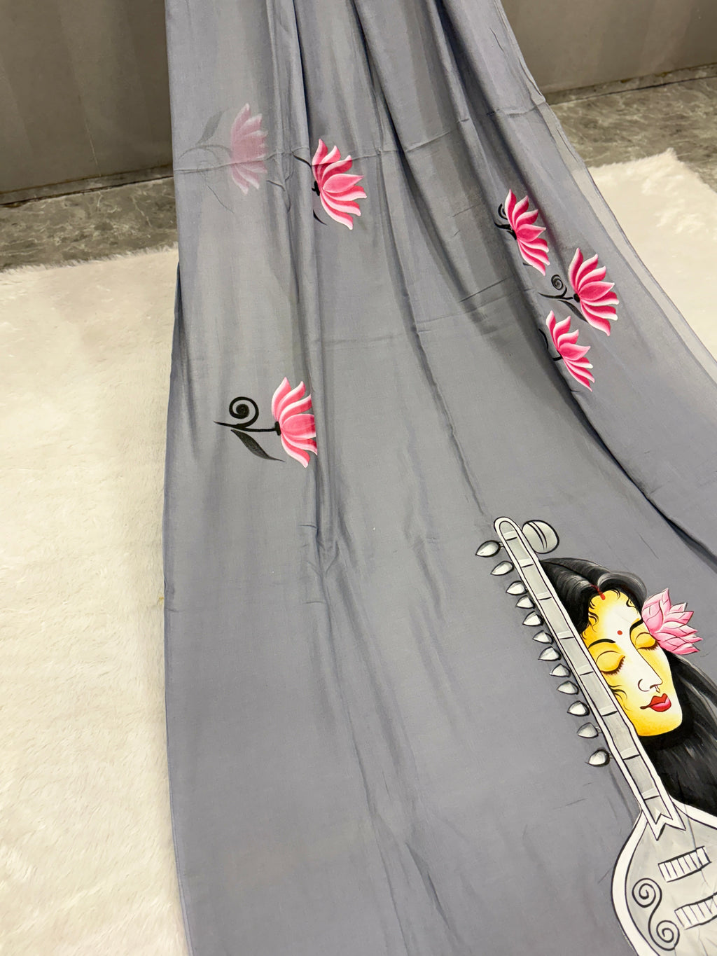 Handpainted MEERA face painting saree|Grey|HPMEERA06