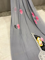 Handpainted MEERA face painting saree|Grey|HPMEERA06