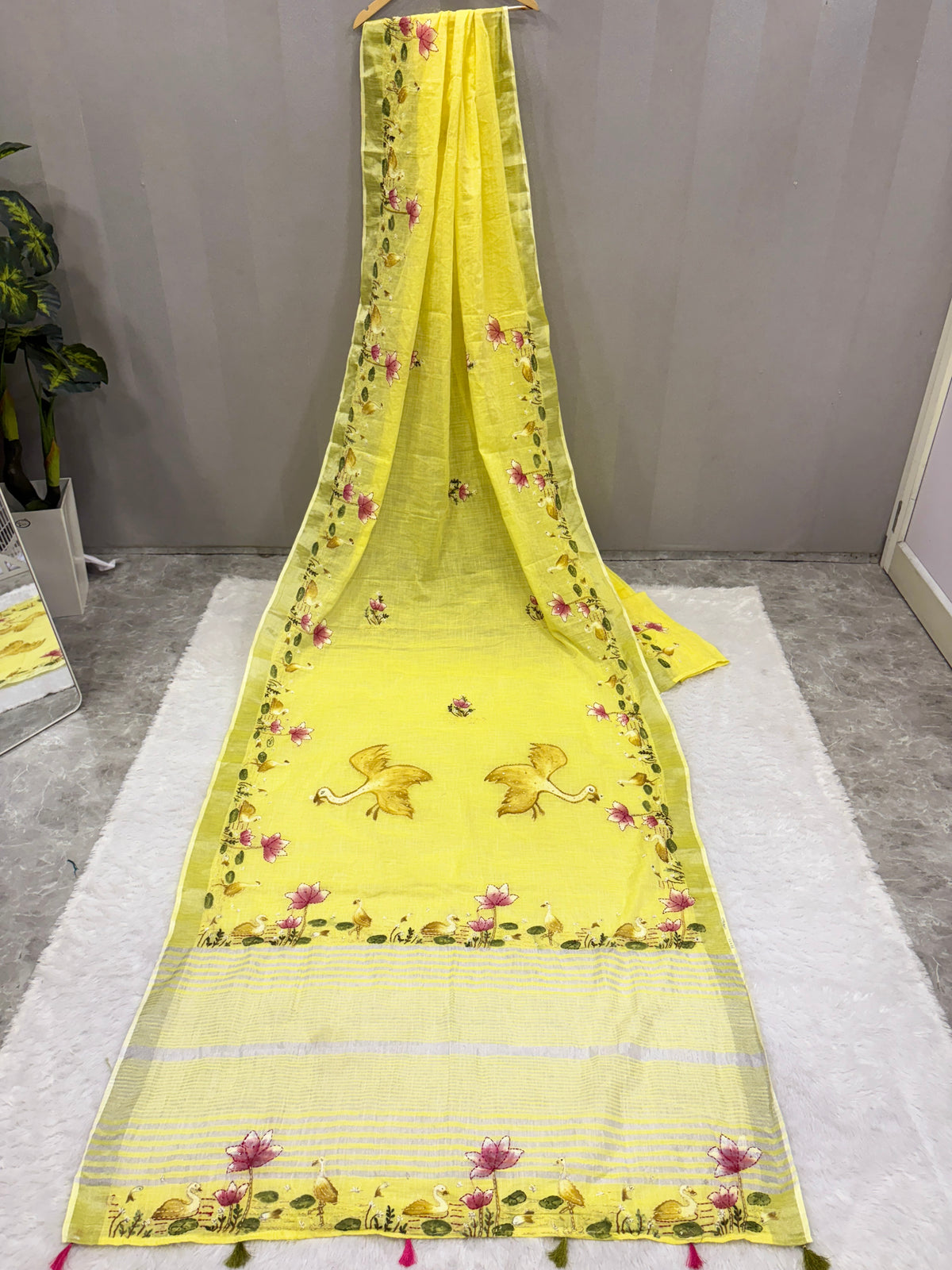 Swan handpainted and hardwork linen saree|yellow
